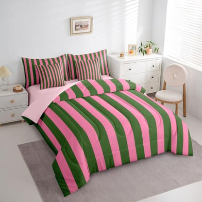 Bubblegum Pink & Green Striped Twin Bedding Set 7 Pieces for Kids & Girls