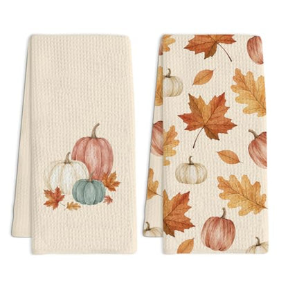 Fall Pumpkin Kitchen Towels Set of 2 - Autumn Leaves Thanksgiving Dish Towels