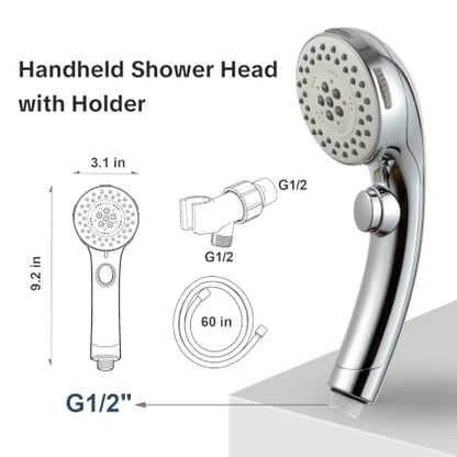 Handheld Shower Head with 5 Modes, Chrome, 60-Inch Stainless Steel Hose & Holder