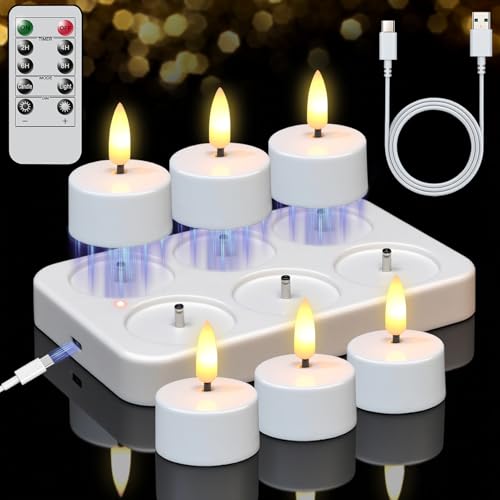 6 White Rechargeable LED Flickering Tea Lights with Remote - Eco-Friendly Candles