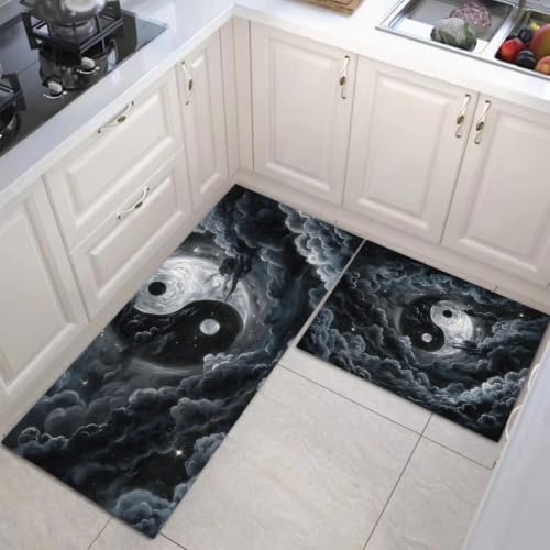 Dark Gray Clouds Mist Tai Chi Yin Yang Kitchen Rugs 2-Piece Non-Slip Mat Set 20x32 & 20x71 Inches Variation of THIS listing