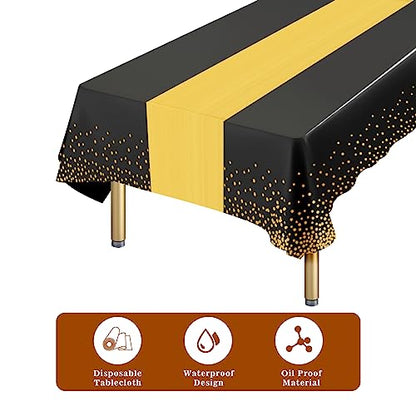 Black and Gold Disposable Plastic Table Cloth & Satin Table Runner Set - 24 Pack