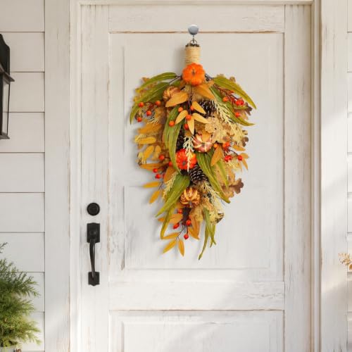 2pcs Artificial Fall Teardrop Swag for Front Door with Pumpkins and Berries