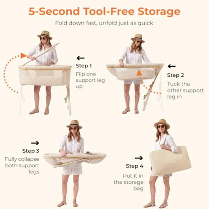 Pamo Babe Bedside Bassinet for Baby - 3-in-1 Foldable Travel Crib with Wheels, Adjustable Height, Storage Bag - Beige