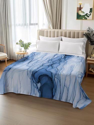 Twin Flat Sheet Blue Marble Veins - Microfiber Bed Bedding for All Seasons - LooPoP