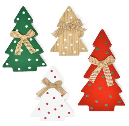 Set of 4 Wooden Christmas Tree Decorations - Holiday Centerpiece