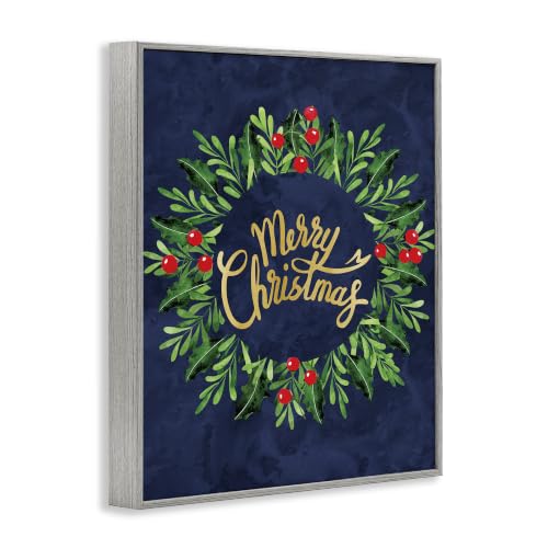 Merry Christmas Holly Wreath Framed Giclée Print - Grey 24x30 in Holiday Decor