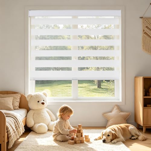 Joydeco Zebra Window Blinds - White, 27W x 64H, Upgraded Fabric, Cordless