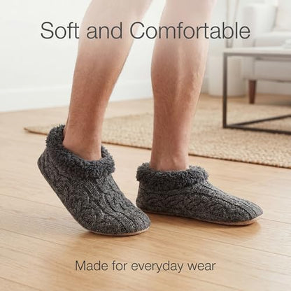 Men's Fuzzy Slippers 2-Pack with Non-Slip Soles - Grey & Navy, Size 12-13