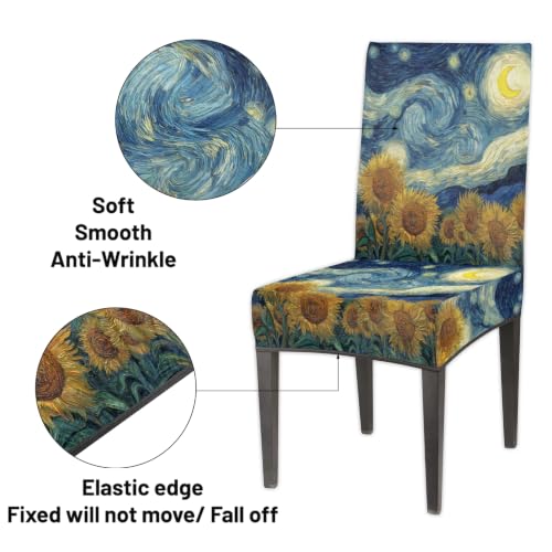 Sunflowers Swirly Moon Print Dining Chair Covers Set of 4 - Removable Washable Stretch Slipcovers for Kitchen