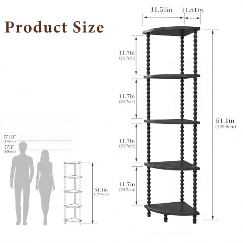 Black 5-Tier Corner Bookshelf - 51 Inch Steel Frame Space Saver