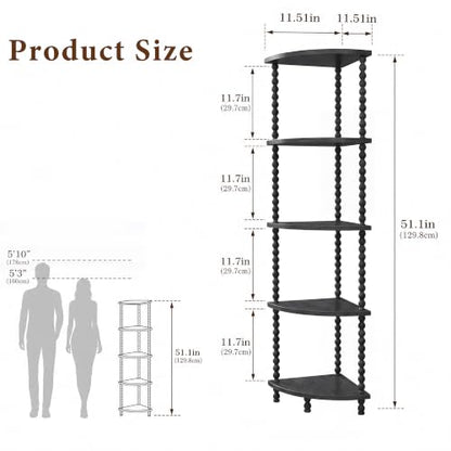 Black 5-Tier Corner Bookshelf - 51 Inch Steel Frame Space Saver