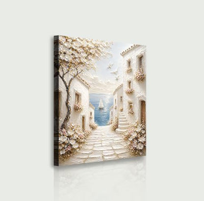 32x48 Coastal Village Pathway Canvas Wall Art - Mediterranean Scene