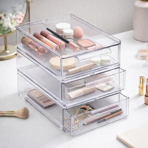 Small Clear Stackable Storage Drawers Set of 6 - Plastic Organizer with Handles