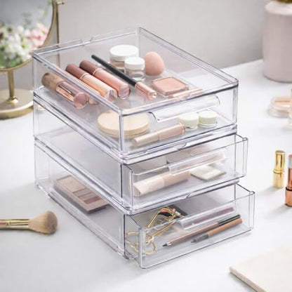 Small Clear Stackable Storage Drawers Set of 6 - Plastic Organizer with Handles