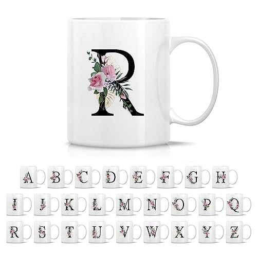Initial R Floral Botanical Mug - White 11 Oz Ceramic Coffee Tea Cup with Variation