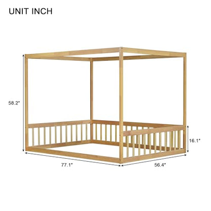 Full Size Montessori Floor Bed with Canopy Frame - Natural