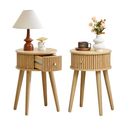 Round Fluted Side Table Set of 2 - Natural, 15.7"D x 15.7"W x 23.6"H, Mid-Century Modern Wooden Nightstands