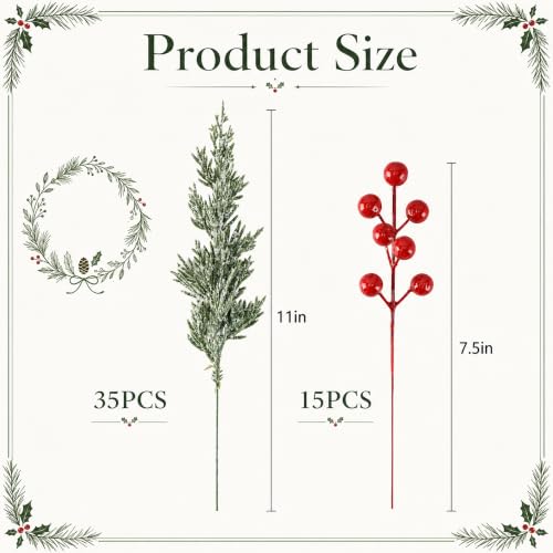 50Pcs Christmas Snow Pine Branches with Red Berries - Snowy Norfolk Pine Stem Set