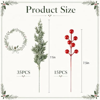 50Pcs Christmas Snow Pine Branches with Red Berries - Snowy Norfolk Pine Stem Set