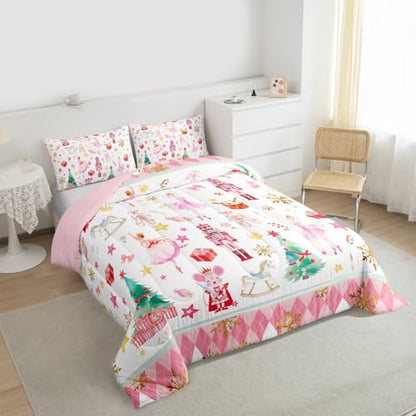 Christmas Comforter Set Queen Size - Ballet Nutcracker Bedding with Gold Pink Green Variation