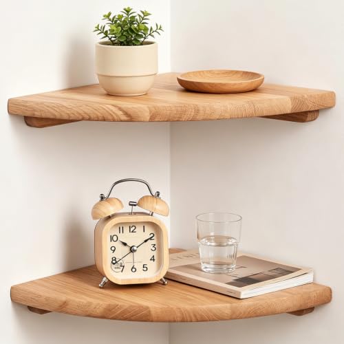 Natural Wood Corner Floating Shelves Set of 2, 10 Inch Wall Storage