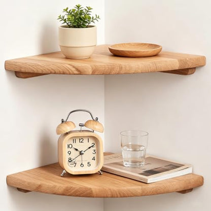 Natural Wood Corner Floating Shelves Set of 2, 10 Inch Wall Storage