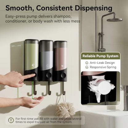 Wall Mounted Shampoo and Conditioner Dispenser with Hooks - 1200ML No-Drill Bathroom Organizer - Black