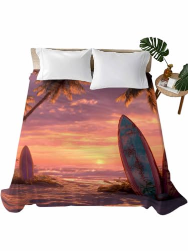 Queen Microfiber Flat Sheet Tropical Sunset Beach Surfboards - Purple, Orange, Black