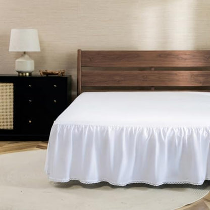 White Full Size Bed Skirt with Lace Edge and Split Corner, 14 Inch Drop