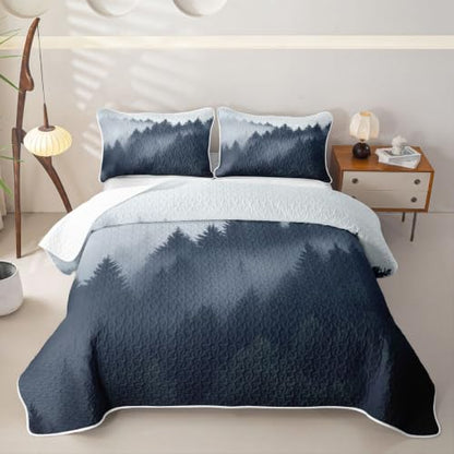 Queen Quilt Set with Pillowcases - Misty Pine Forest Nature Themed Bedding - Dark Blue Gray