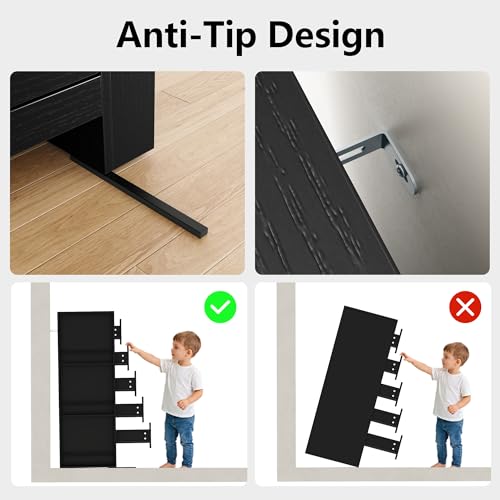 Black Tall Dresser with 3-Tier Open Shelves, Built-In Charging & LED Light — 5 Drawers