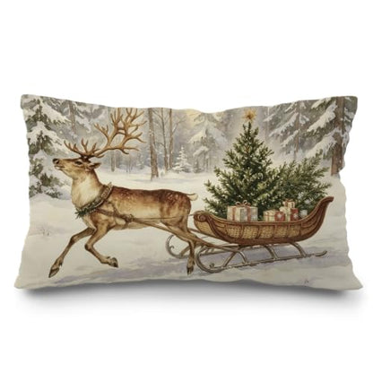 Reindeer Sleigh Christmas Throw Pillow Cover 20x12 Inches - Holiday Decor - Pack of 1