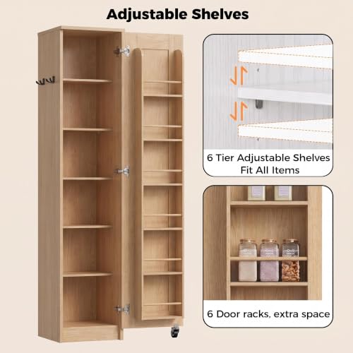 IRONCK Narrow Kitchen Pantry Cabinet - 72" Tall, Natural Wood Finish, Slim Storage