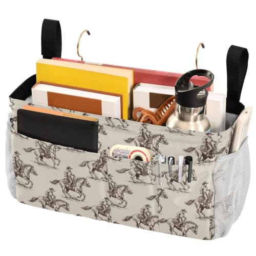Western Cowboy Pattern Bedside Caddy Organizer with 6 Pockets & Hooks for Bunk Beds