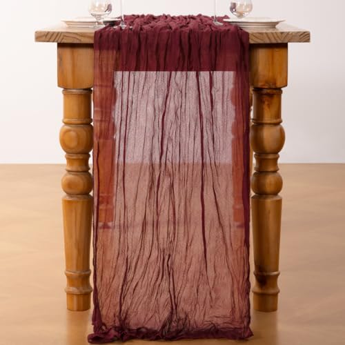Burgundy Cheesecloth Table Runners 4 Pack - Rustic Boho Holiday Decor