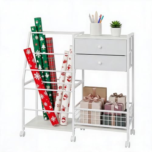 Garvee White 3-Tier Gift Wrap Storage Cart with 2 Drawers - Mobile Organizer