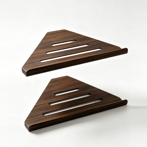 Shower Corner Shelf Set of 2 Walnut Wood Grain Triangle Stainless Steel
