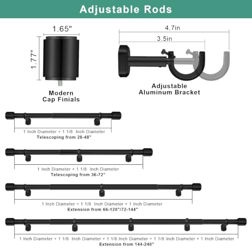 Matte Black 1 1/8 Inch Diameter Heavy Duty Telescoping Curtain Rod 144-240 Inches