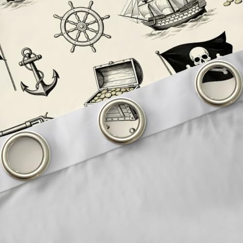 Blackout Nautical Curtain Set - Ocean Themed Thermal Insulated Drapes for Bedroom & Living Room, 2 Panels 42 x 84 Inch, Light Beige & Black