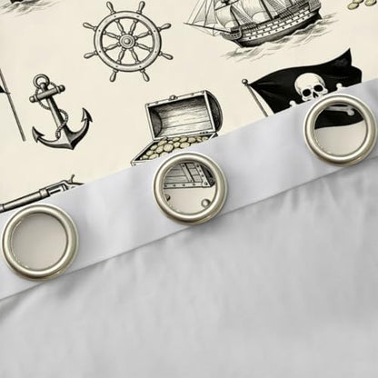 Blackout Nautical Curtain Set - Ocean Themed Thermal Insulated Drapes for Bedroom & Living Room, 2 Panels 42 x 84 Inch, Light Beige & Black
