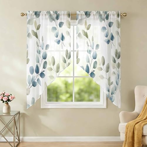 Blue Botanical Swag Curtains Set - 2 Panels 28x36 Inches, Summer Semi-Sheer Valance for Kitchen & Living Room - Variation: Blue / 28"W x 36"L