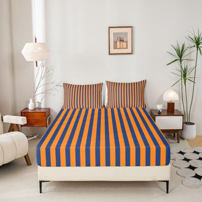Kids Bed Sheet Set - Orange Navy Stripes, King Size, 4-Piece Bedding with Pillowcases