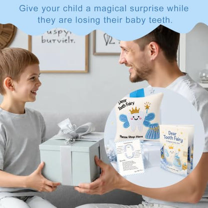 White Tooth Fairy Pillow with Book & Tracking Chart Set for Boys Girls