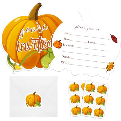 Fall Thanksgiving Pumpkin Invitations Cards Set with Envelopes & Stickers