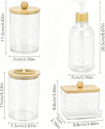 Bamboo Bathroom Accessories Set 4 Pieces with Soap Dispenser Toothbrush Holder and Qtip Container