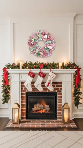 Pink & Green Christmas Wreath with Candies and Gold Bow - 20 Inch Holiday Door Decor - Variation of Pink Green