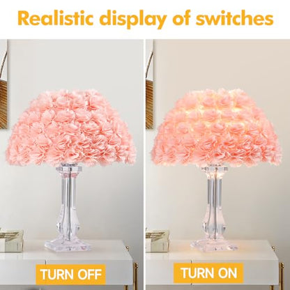 Pink Artificial Flower Bedside Table Lamp with Acrylic Base - Romantic Bedroom Decor