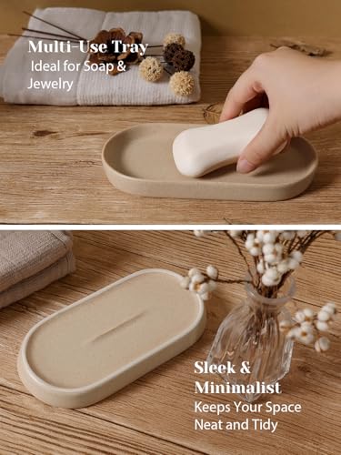 Ceramic Bathroom Accessory Set with Soap Dispenser Toothbrush Holder Tray Beige