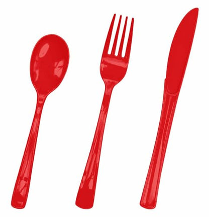 Red Disposable Cutlery Set - Heavy Duty Plastic Knives Forks Spoons for Parties